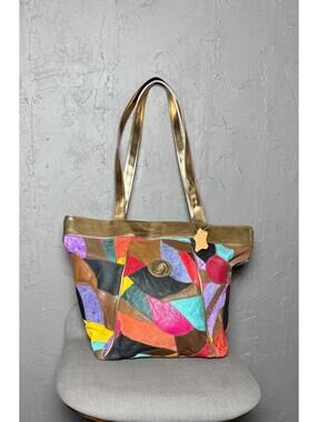 Vintage Colorful Leather Patchwork Shoulder Bag 80's Leather x Suede Tote